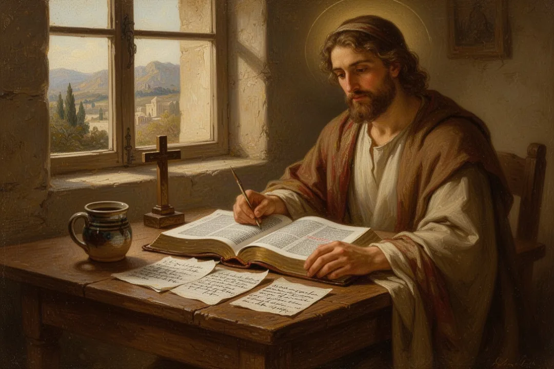 Open Bible and study materials arranged for quiet Christian Scripture reading