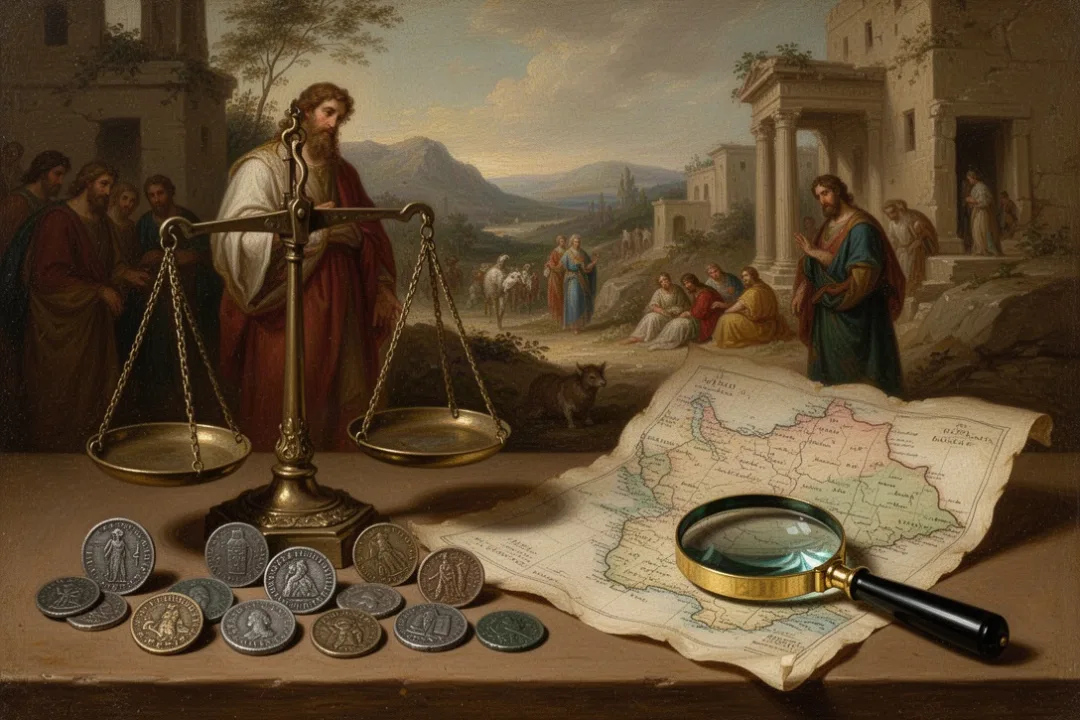 Ancient biblical-era coins displayed beside a scale and historical map