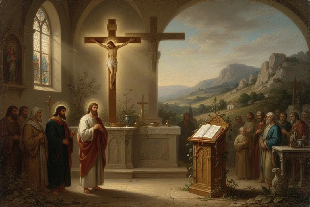 Sunlit church sanctuary with cross and open Bible symbolizing reconciliation
