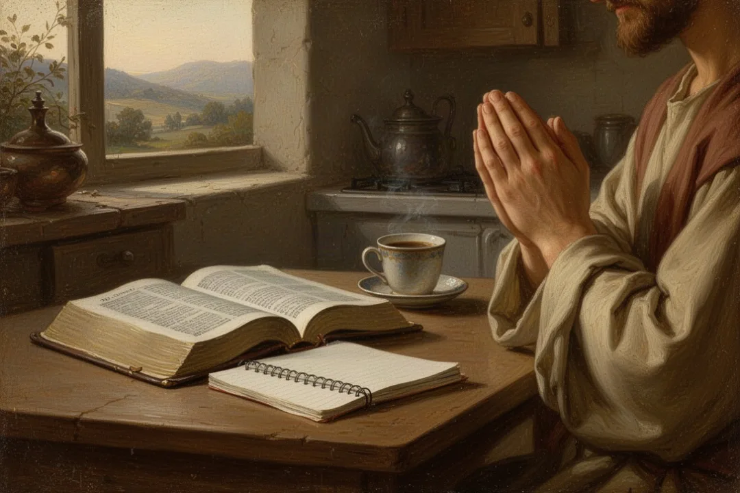 Open Bible and notebook beside coffee during a quiet morning prayer