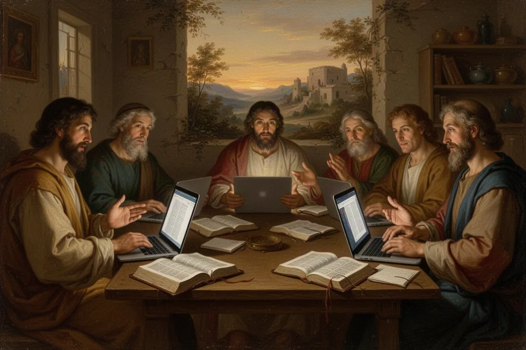 Adults participating in an online Bible study with Bibles and notebooks