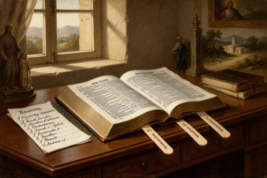 Open Bible with reading checklist and bookmarks dividing its sections