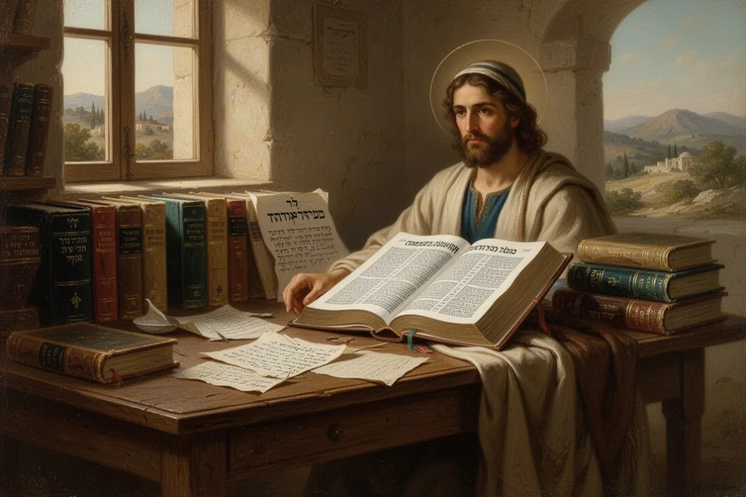 Complete Jewish Bible beside Hebrew reference books on a study desk