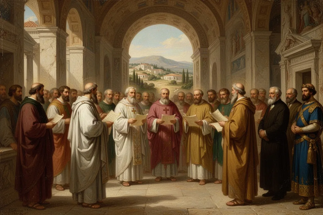 Bishops gathering at the Council of Nicaea in a Roman basilica