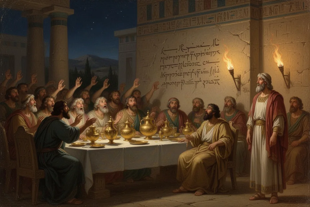 Daniel interprets mysterious writing during Belshazzar’s palace banquet