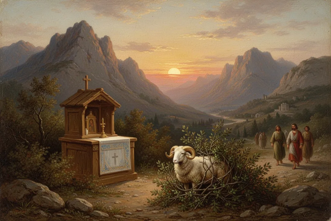 Mountain altar and ram illustrating Jehovah Jireh in Genesis 22