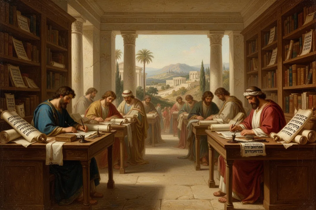 Ancient translators comparing Greek and Hebrew biblical scrolls