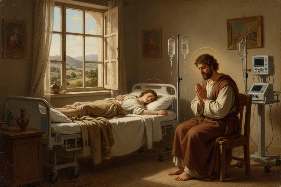 Friend praying beside a patient in a quiet hospital room