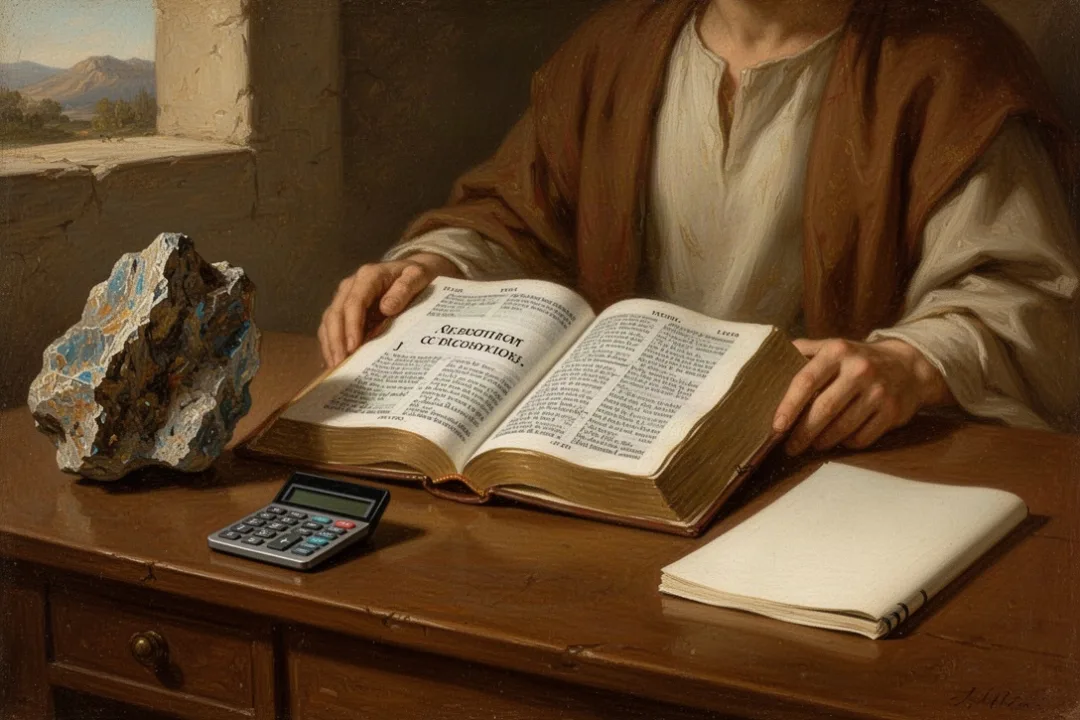 Open Bible beside rock sample representing biblical and scientific views of Earth’s age