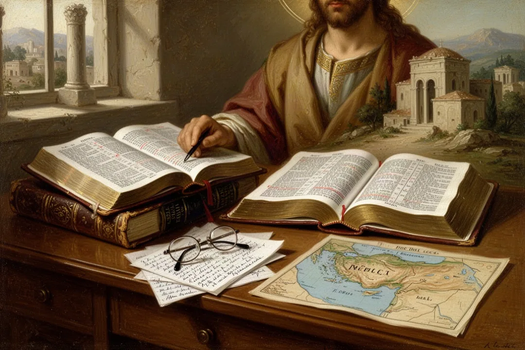 Antique Bible dictionary beside Bible, notes, and biblical map