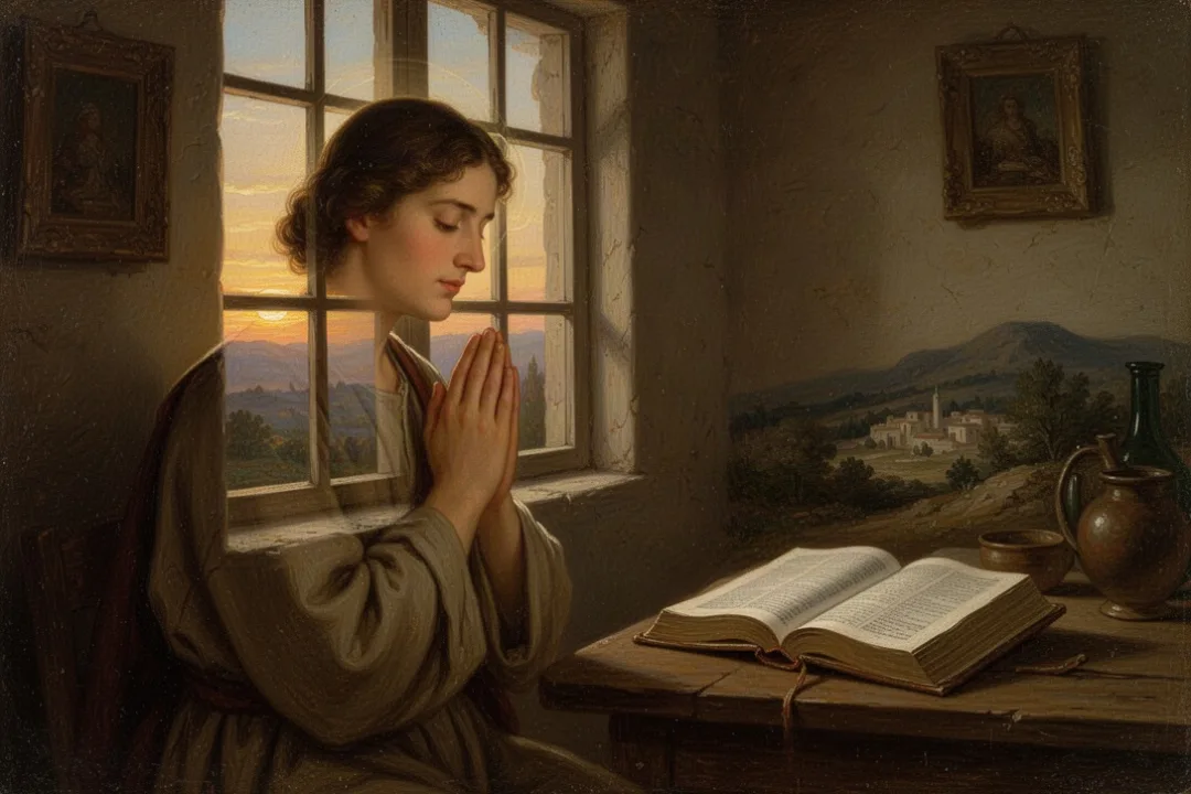 Person praying beside an open Bible in gentle morning light