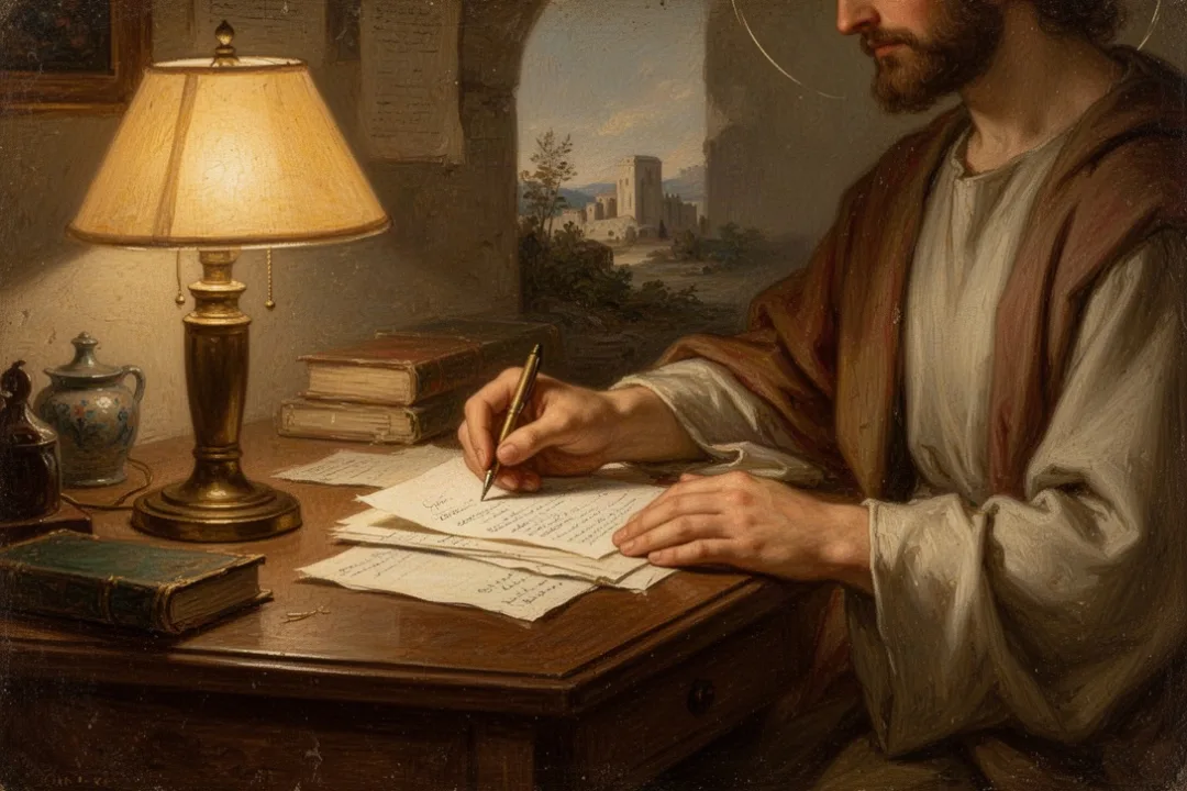 Person completing quiet work with care in a softly lit home office