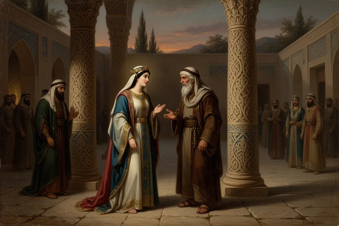 Esther and Mordecai speaking discreetly in an ancient Persian palace courtyard