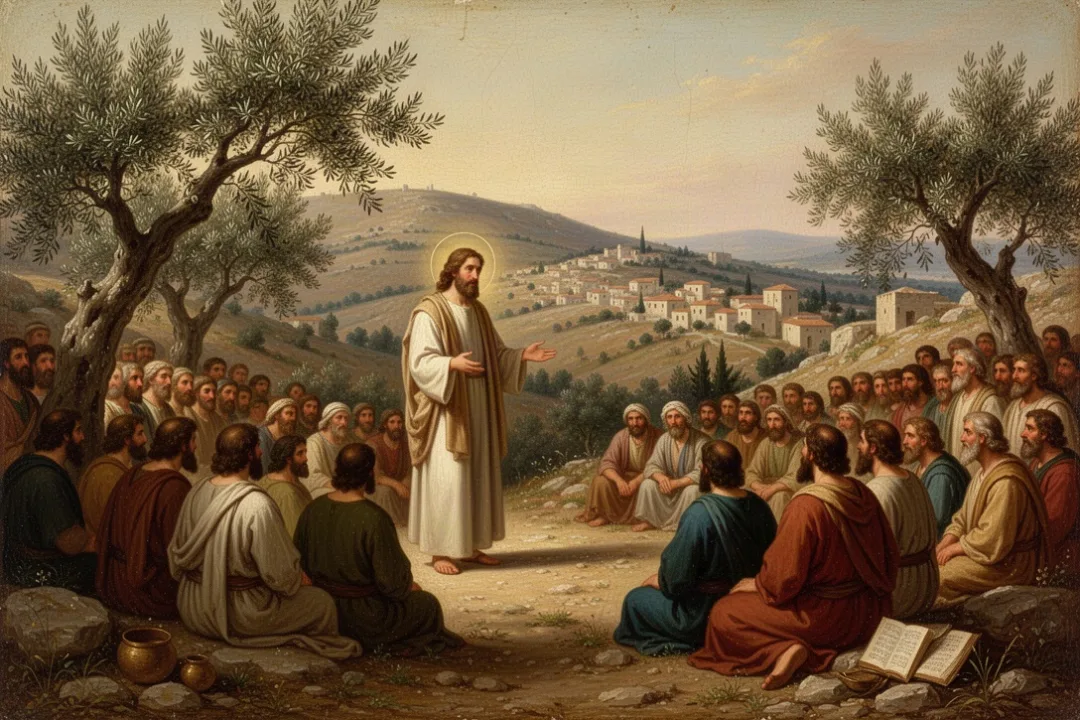 Jesus teaching a crowd on a Galilean hillside in Matthew