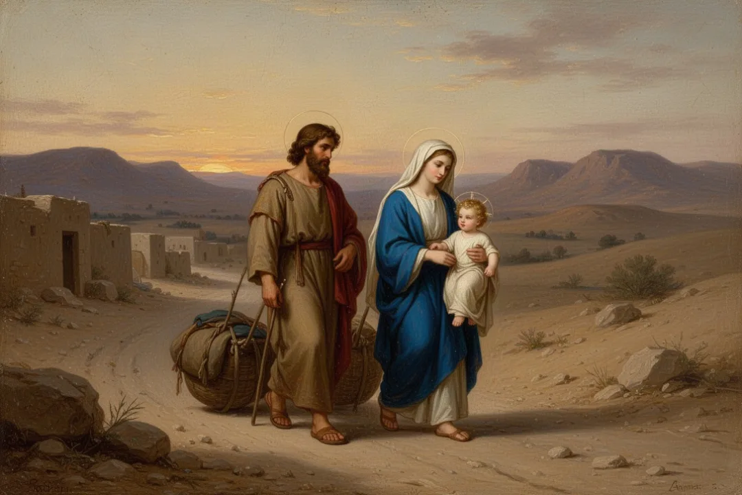 Joseph leading Mary and Jesus on their journey toward Egypt