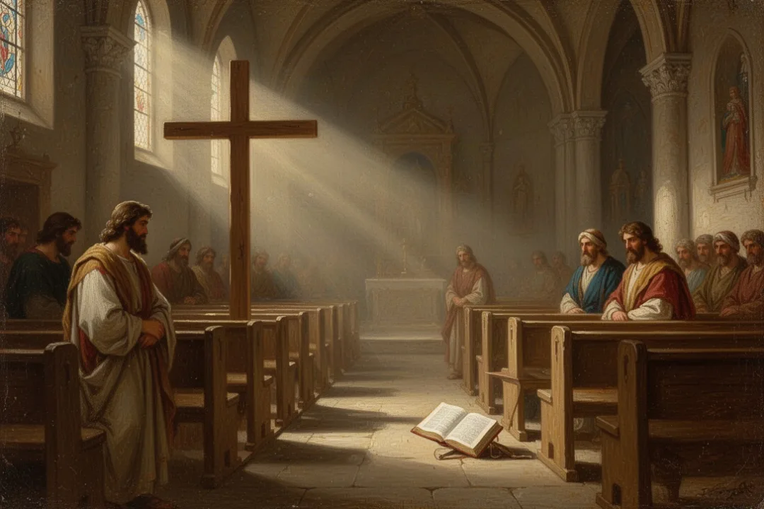 Wooden cross and open Bible in a softly lit church