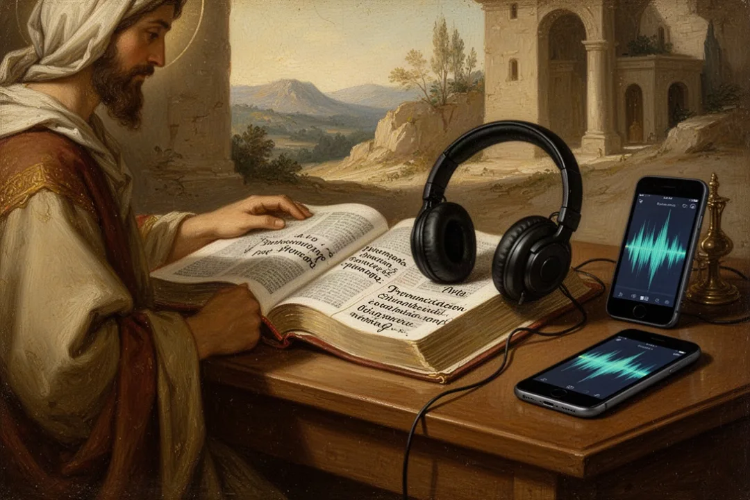 Bible study desk with headphones and audio pronunciation notes