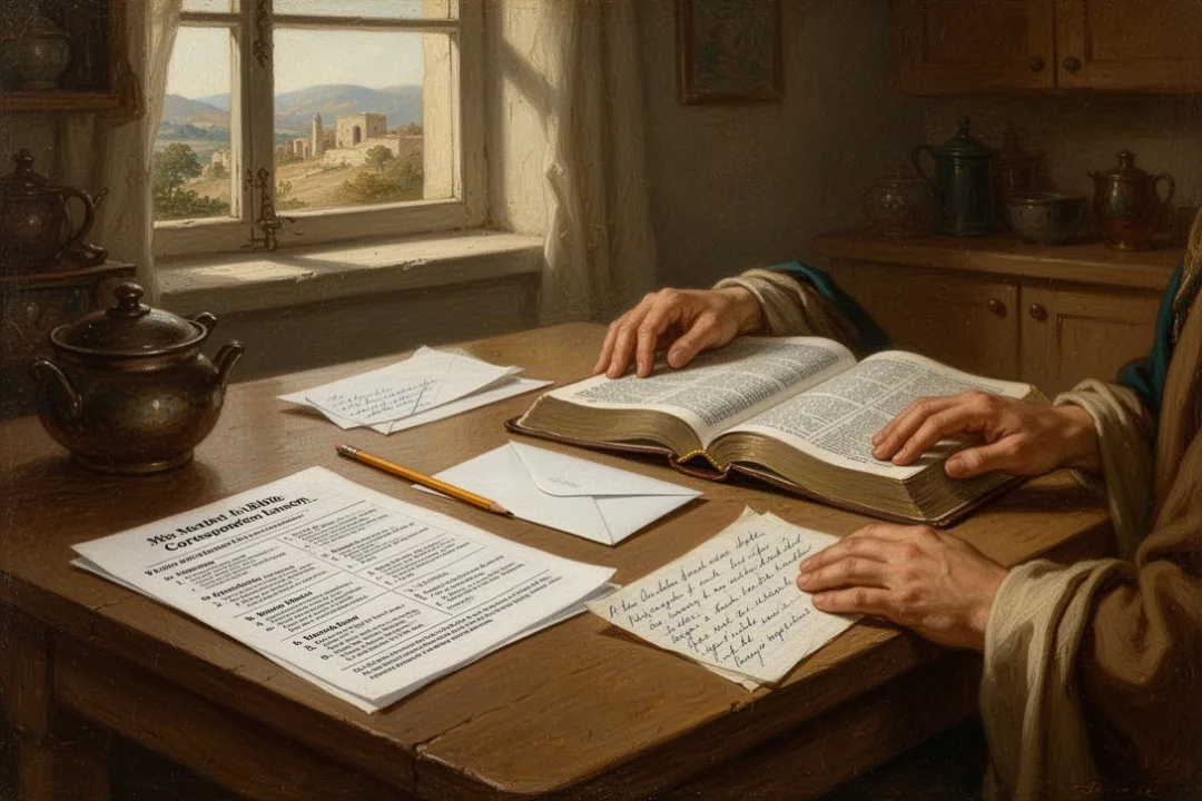 Printed Bible lesson, open Bible, pencil, and envelope on a kitchen table