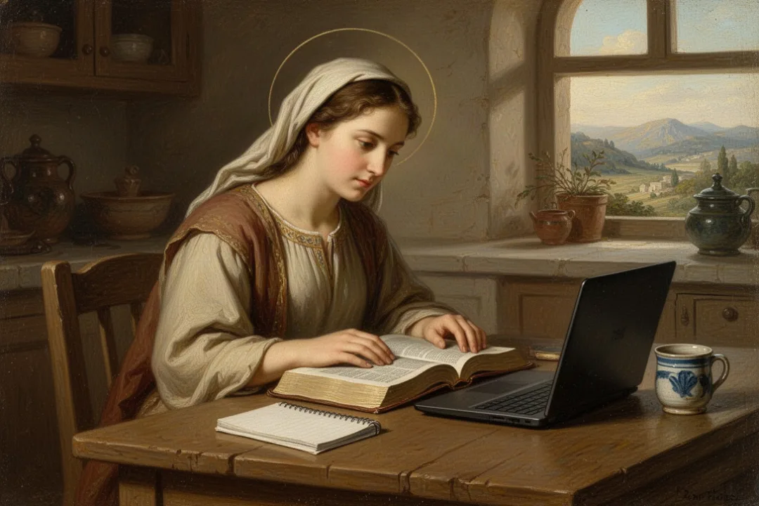 Woman completing a free online Bible study at home