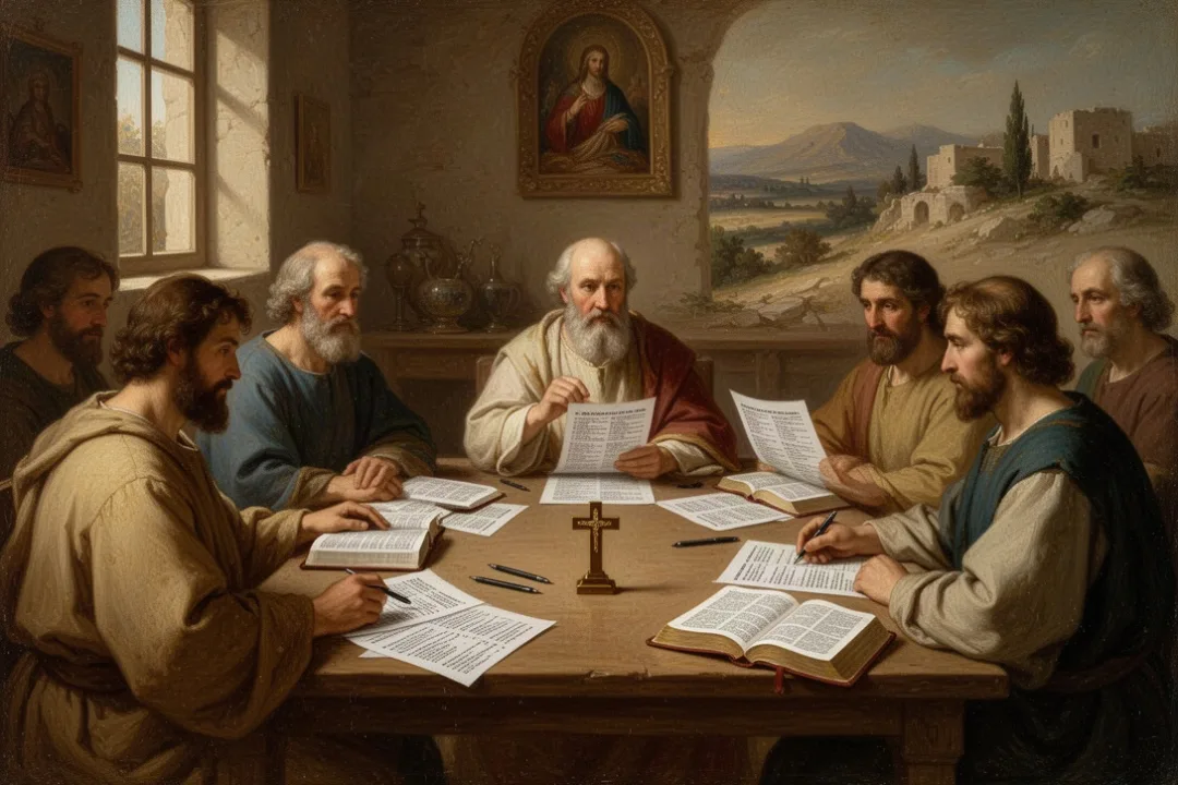 Adults studying Scripture together with printed Catholic Bible worksheets