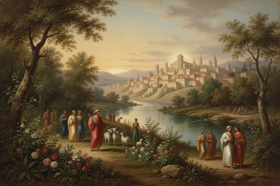 Garden and radiant city symbolizing the biblical story of restoration