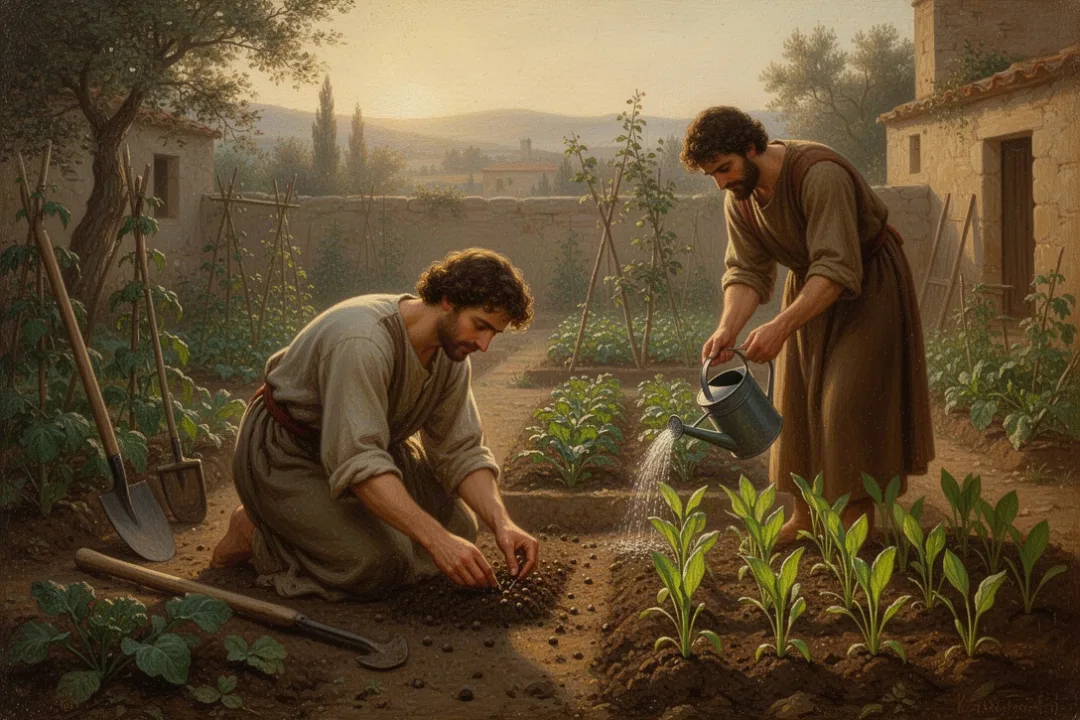 Person planting seeds beside young plants in a community garden