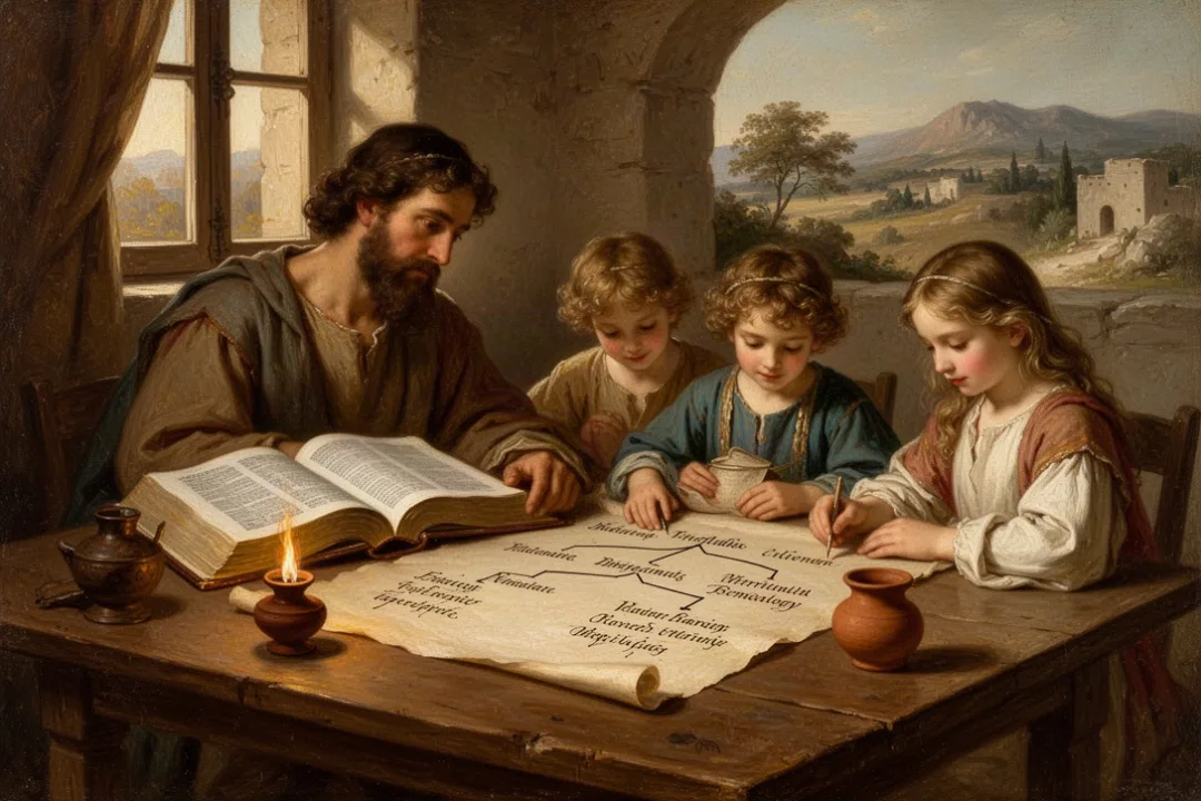 Open Bible and parchment representing Adam’s biblical genealogy