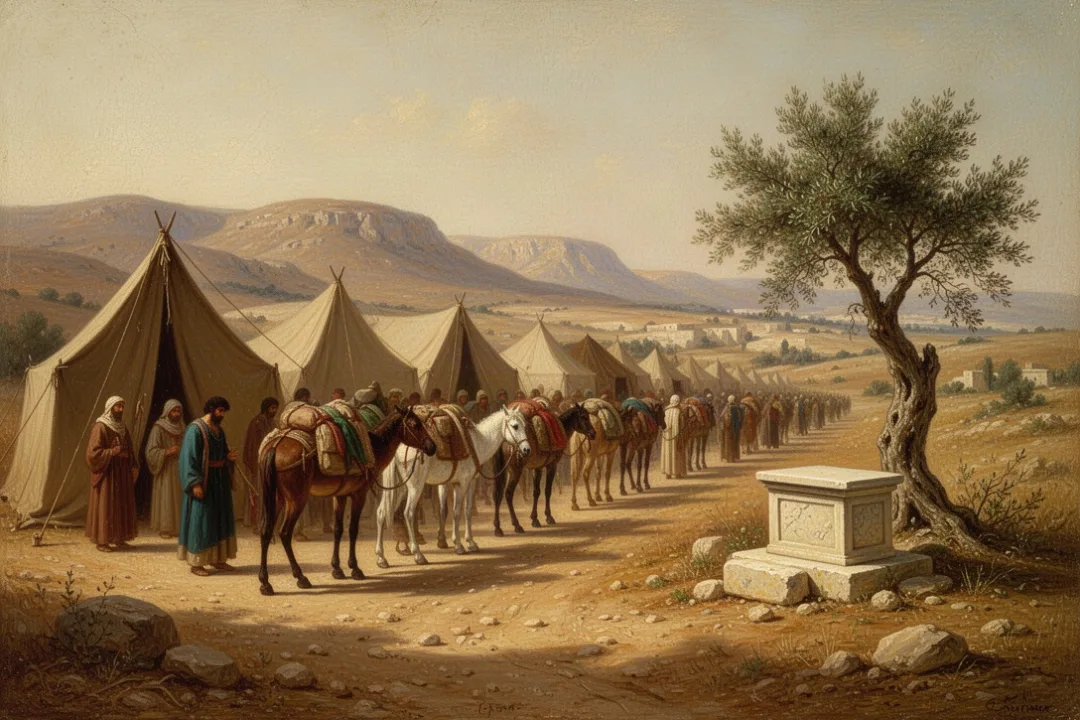 Ancient caravan entering Canaan with a stone altar near a tree