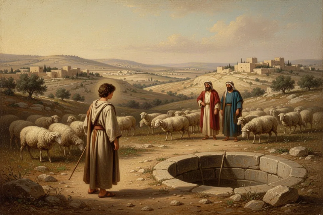 Joseph approaching his brothers near Dothan and the empty cistern