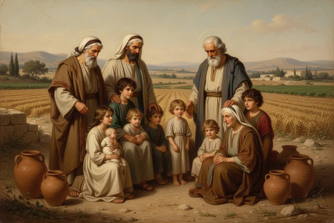 Ancient family gathering representing the genealogy from Adam to Noah