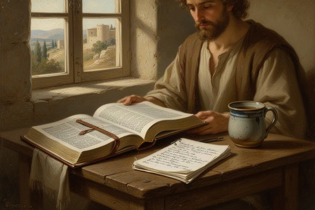 Open Bible and notebook arranged for a Genesis study session