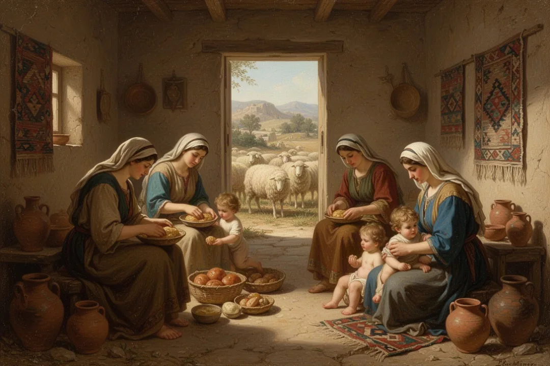 Ancient household scene representing Jacob’s growing family and rivalry