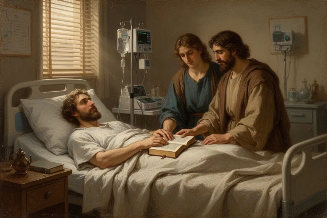 Family praying beside a patient in a softly lit hospital room