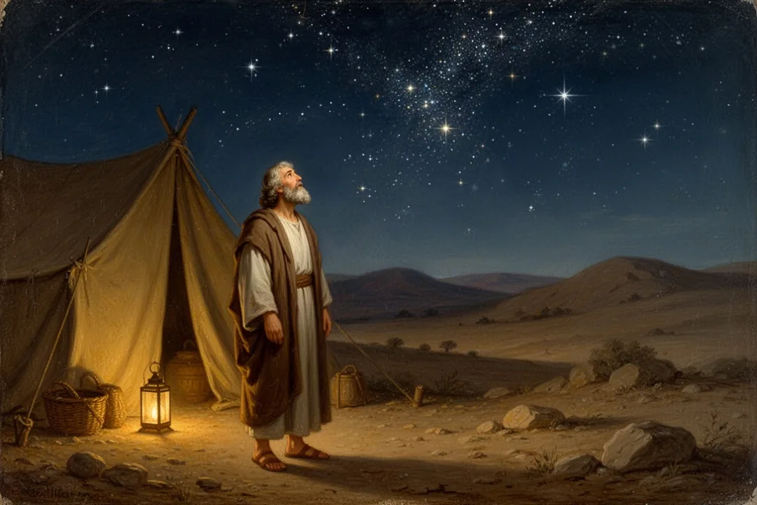 Abraham gazing at stars beside his desert tent