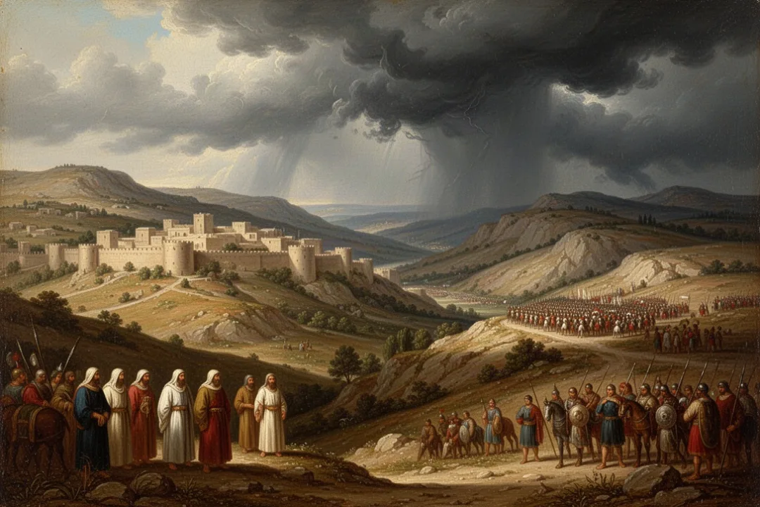 Distant armies gathering near an ancient fortified settlement under storm clouds