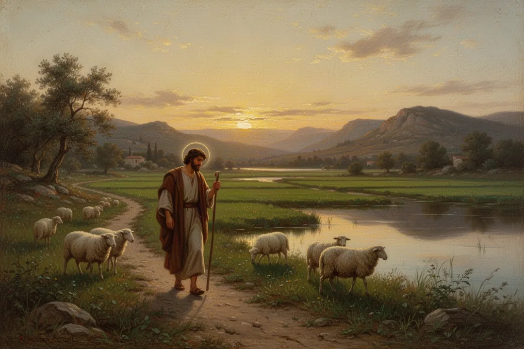 Shepherd guiding sheep through peaceful green fields at dawn