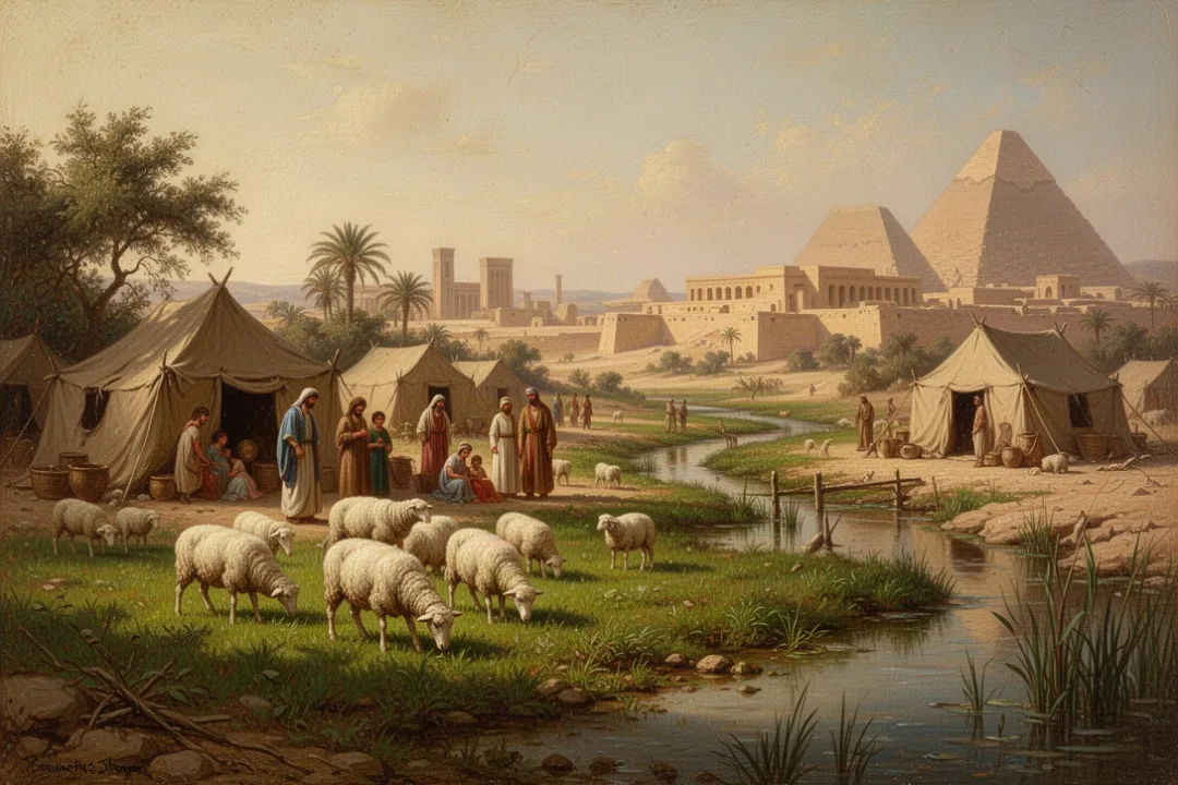 Ancient Goshen settlement with sheep and green Nile Delta pasture