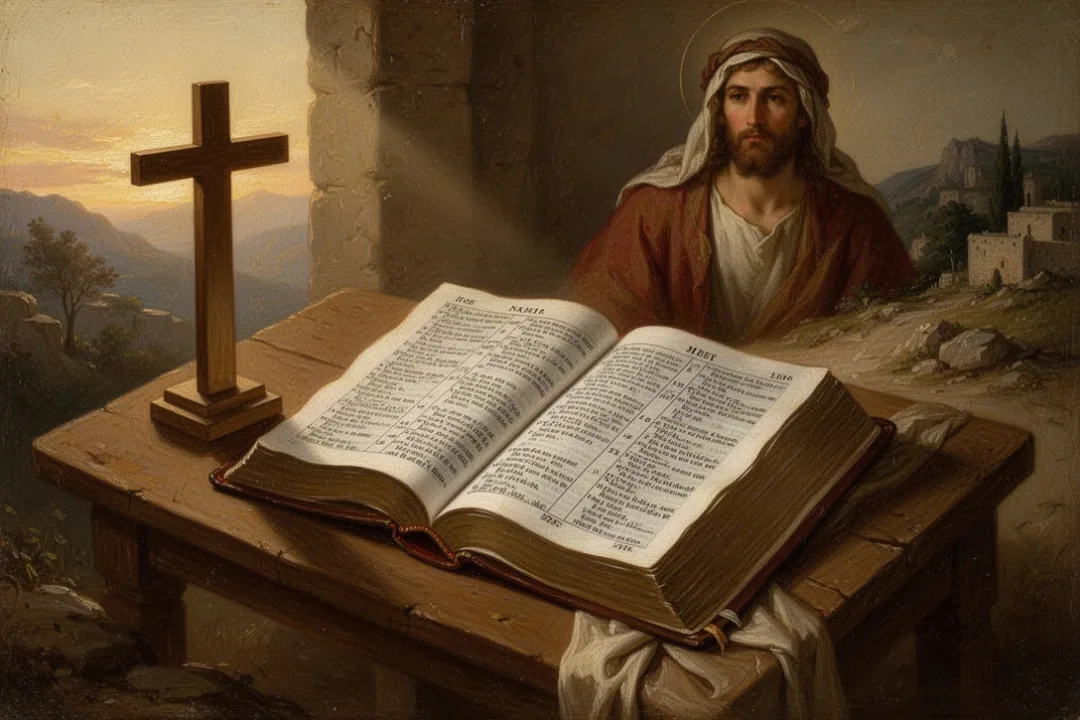 Open Bible and cross representing gospel verses about Jesus
