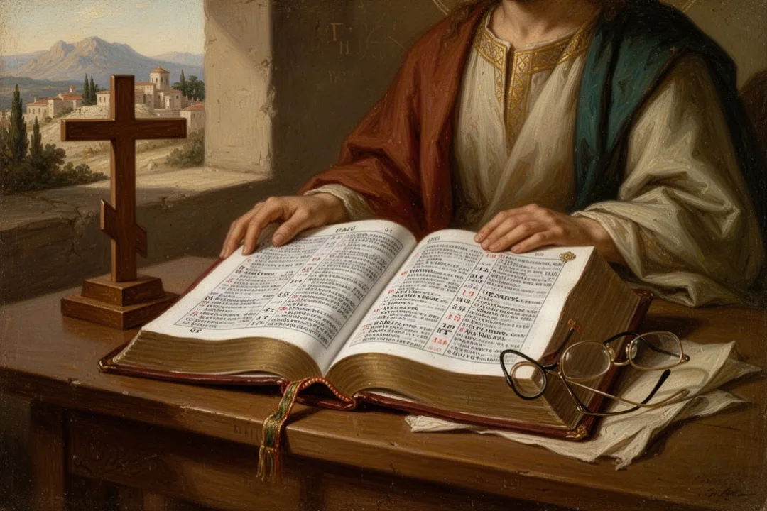 Open Greek Orthodox Bible beside a wooden cross and reading glasses