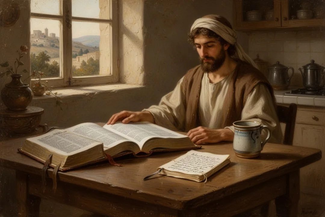 Open Bible and journal beside a devotional book in morning light