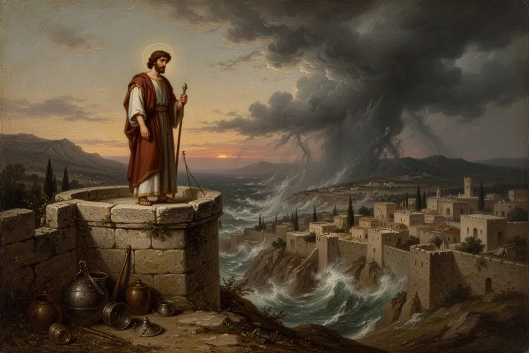 Ancient watchman overlooking a troubled city beneath storm clouds