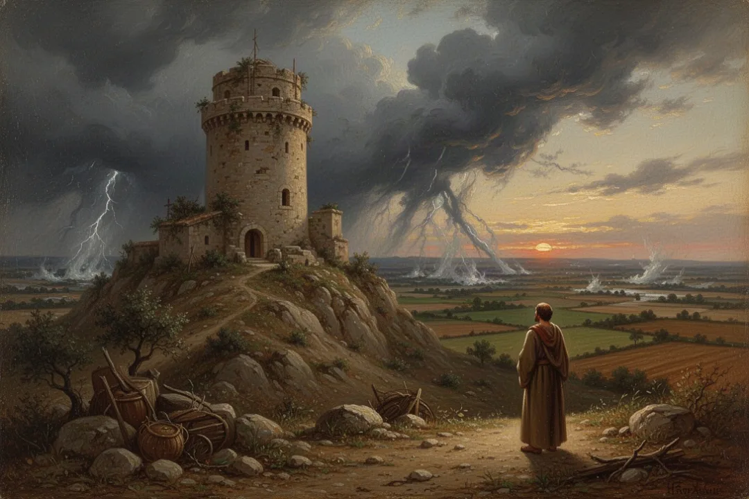 Ancient watchtower overlooking fields under storm clouds