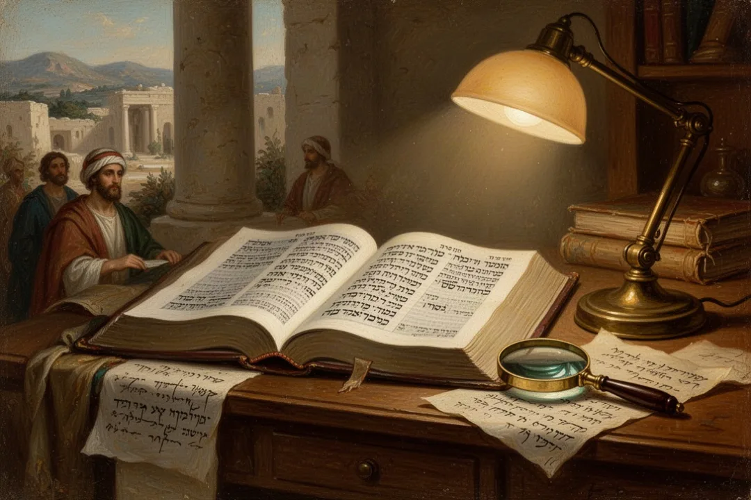 Open Hebrew Bible with study notes and warm desk lamp