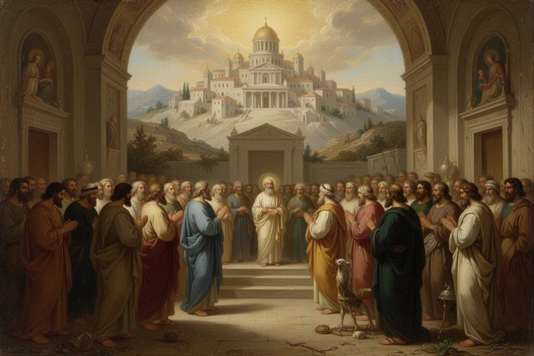 Congregation worshiping beneath warm light symbolizing heavenly Jerusalem