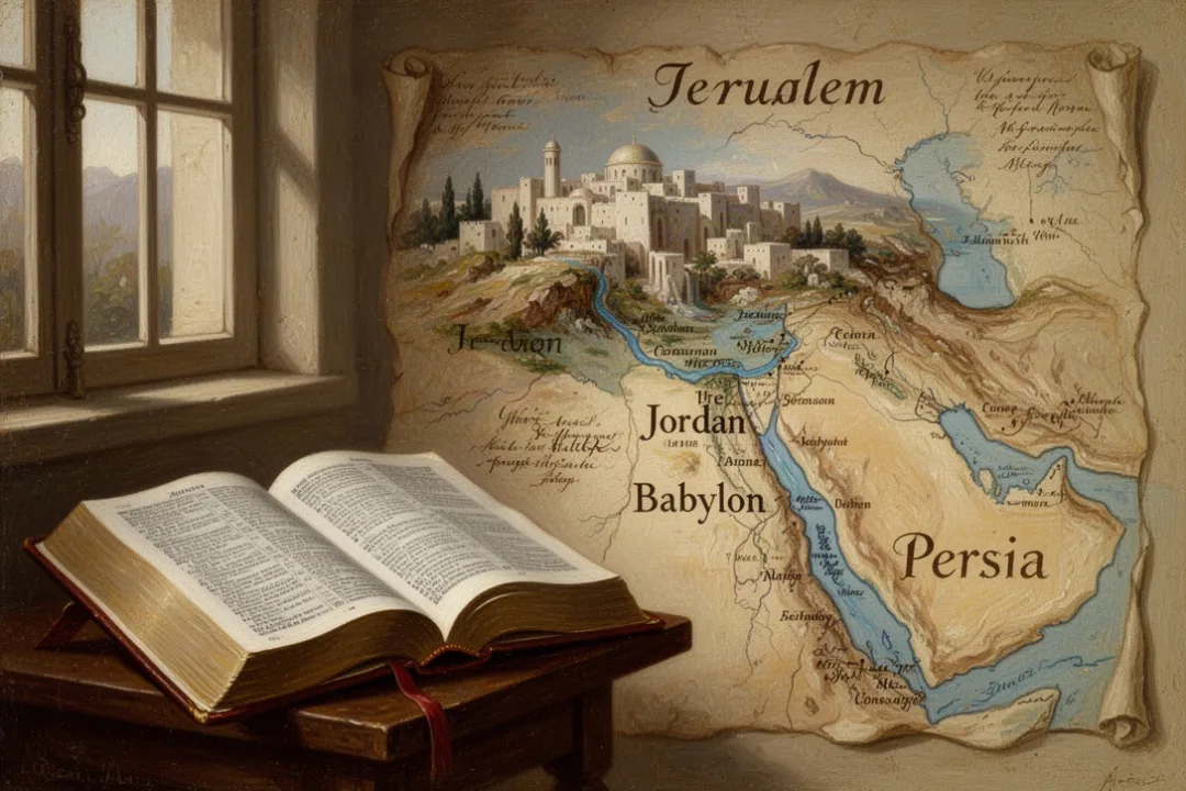 Open Bible beside a map representing the biblical history books