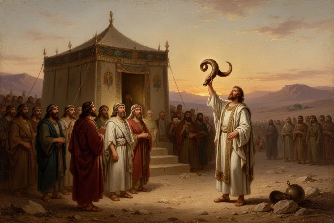 Priest sounding a ram’s horn near the ancient Israelite tabernacle