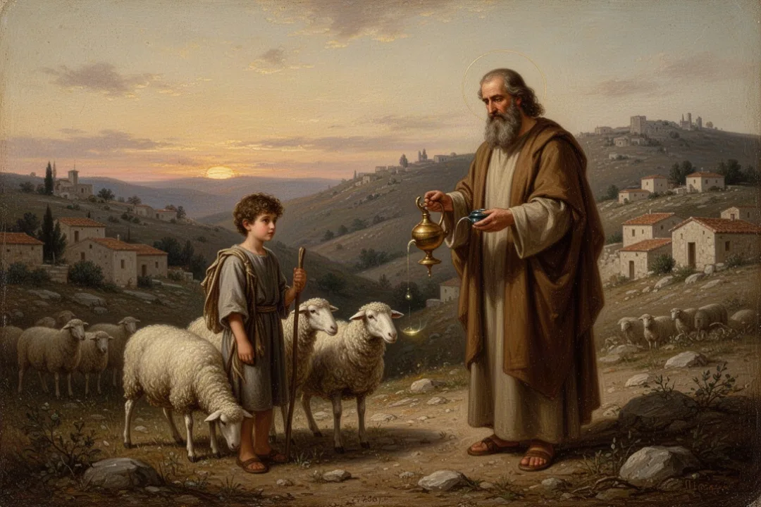 Samuel anoints young David among Bethlehem’s sheep
