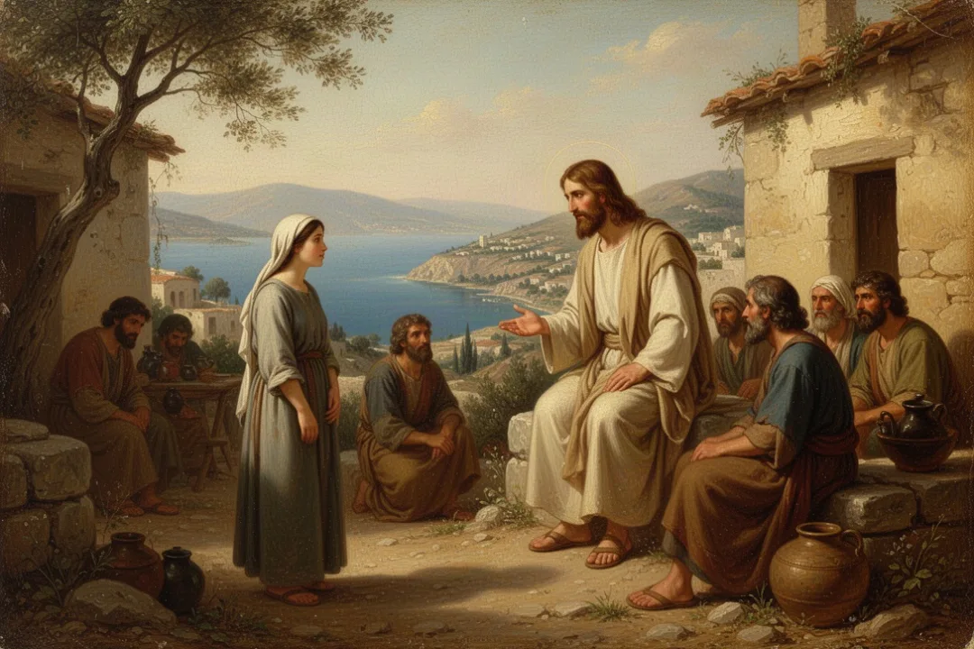 Mary Magdalene hearing Jesus teach near a Galilean village