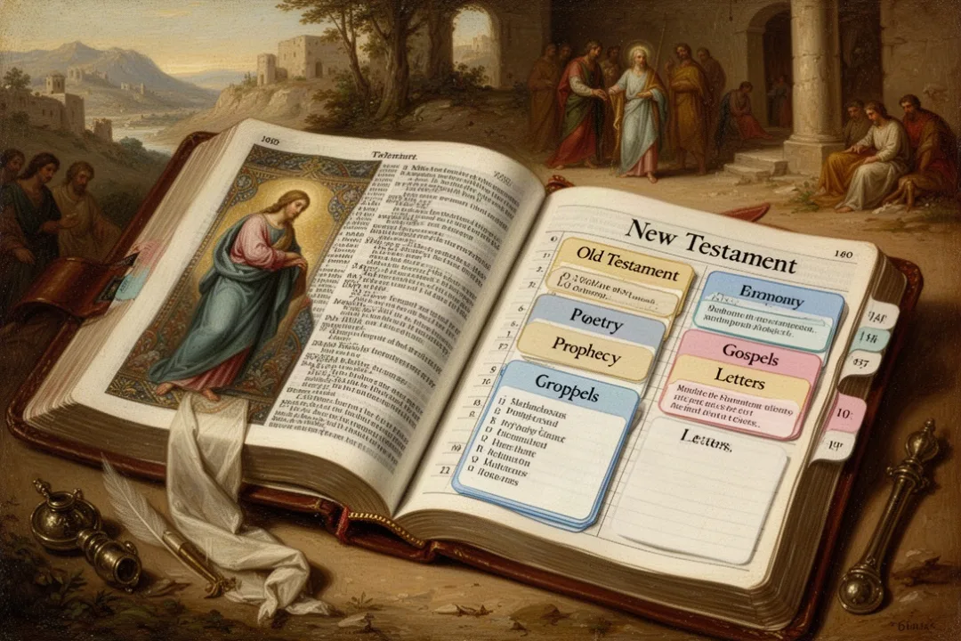 Open Bible organized with colored tabs for its major sections