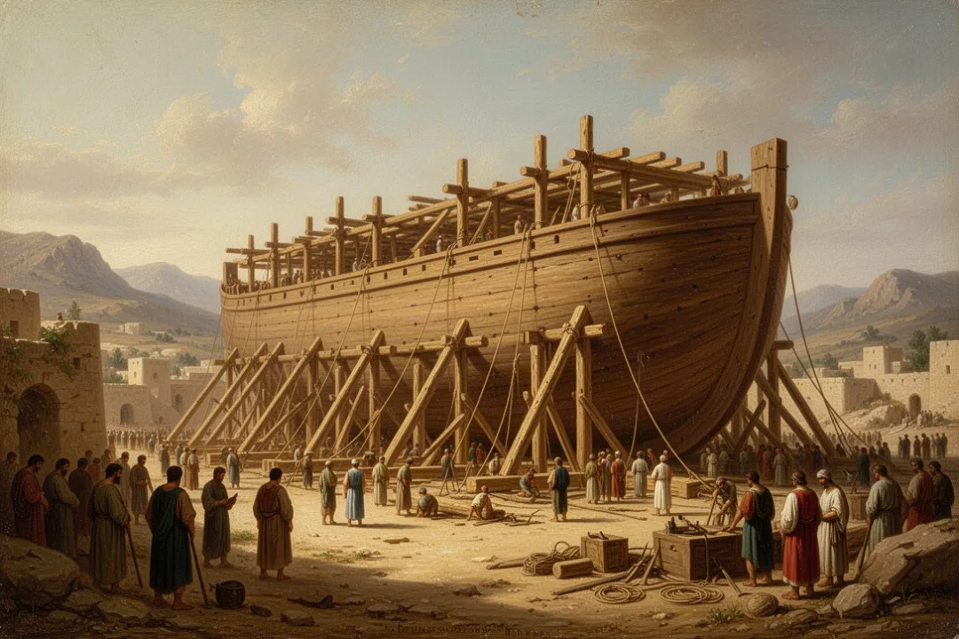 Large wooden ark under construction in an ancient landscape